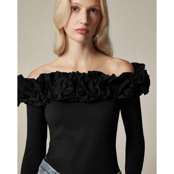 J. Crew Tops - J Crew Womens Off The Shouler Top Sz XS Black Rosettes Stretch Cotton Coquette